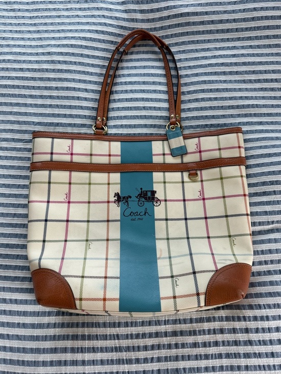 Coach Handbags - 2008 Coach Heritage Cream Plaid Tote with Teal Center Stripe and Brown Trim